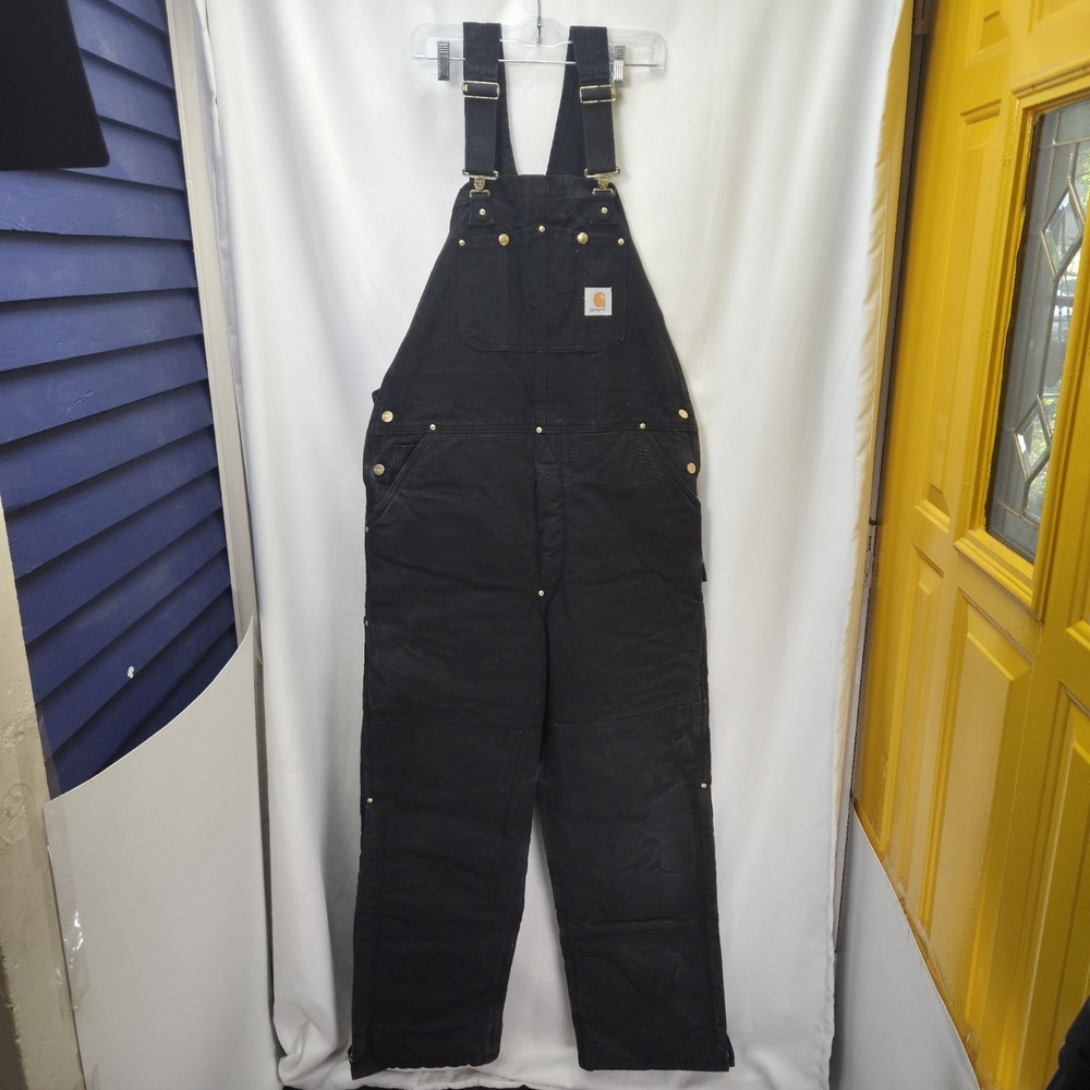 VTG USA Carhartt R03BLK Arctic Quilt Lined Double Knee Duck Bib Overalls 38x34